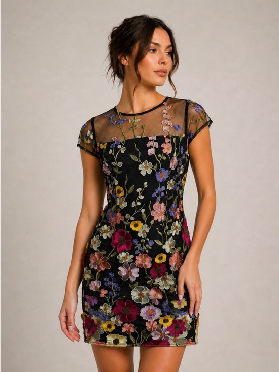 Dresses & Skirts - Black Floral Embroidered Mesh Dress 3D Flowers Spring Wedding Guest Dress